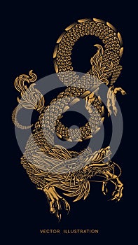 Traditional Chinese Dragon. Gold asian dragons. Happy Chinese New Year 2024 year of the gold dragon zodiac sign. Vector