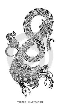 Traditional Chinese Dragon, vector illustration. Hand made. Drawing made with a brush strokes. Tattoo design. New Year