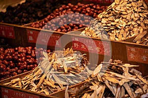 Traditional chinese dried medicine in ancient shop