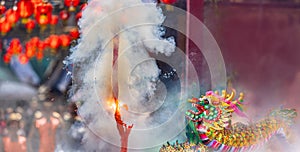 Traditional Chinese firecrackers are exploding with flashes and smoke in Lunar new year