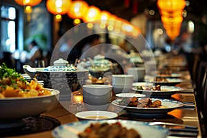 traditional chinese food spread on restaurant table