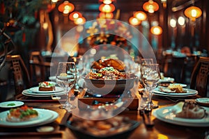 traditional chinese food spread on restaurant table