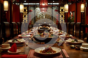 traditional chinese food spread on restaurant table