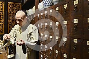 Traditional Chinese herbal medicine shop,Wax figure ,China culture art