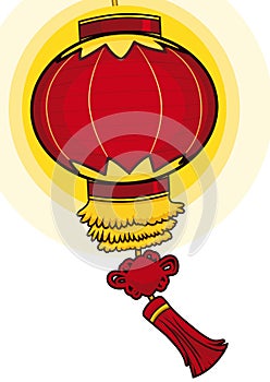 Traditional Chinese lantern decorated with fringes and knot, Vector Illustration