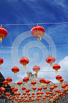 Traditional Chinese lanterns against a blue sky with clouds and a fortress on a rock in the background