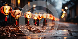 Traditional Chinese lanterns illuminating a street for Lunar New Year celebration representing prosperity and festivity