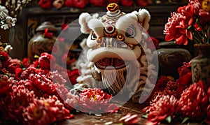 Traditional Chinese lion dance mask surrounded by red peonies symbolizing prosperity and good fortune