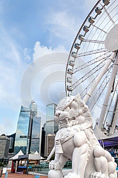 Traditional Chinese Lion Statue With Hong Kong Skyline