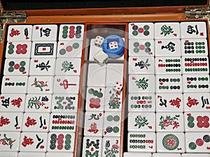 traditional chinese mahjong game in wooden box