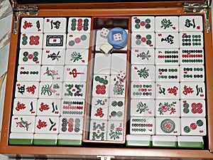 traditional chinese mahjong game in wooden box