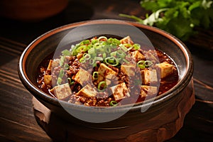 Traditional Chinese Mapo Tofu dish with rice, minced meat and tofu