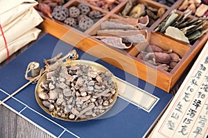 The traditional Chinese medicine Chuanduan in the scale and various herbs in the medicine box