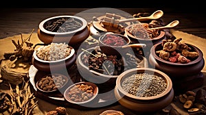 Traditional chinese medicine with herb and spices in brown wooden background mortar and pestile , for medicine advertising.