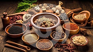 Traditional chinese medicine with herb and spices in brown wooden background mortar and pestile , for medicine advertising.