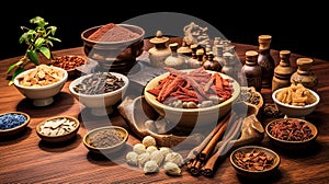 Traditional chinese medicine with herb and spices in brown wooden background mortar and pestile , for medicine advertising.