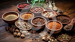 Traditional chinese medicine with herb and spices in brown wooden background mortar and pestile , for medicine advertising.