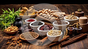 Traditional chinese medicine with herb and spices in brown wooden background mortar and pestile , for medicine advertising.