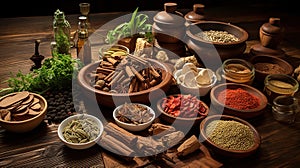 Traditional chinese medicine with herb and spices in brown wooden background mortar and pestile , for medicine advertising.