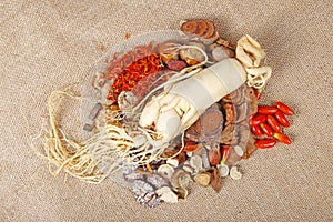 Traditional Chinese medicine TCM and ginseng, close-up