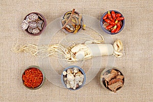 Traditional Chinese medicine TCM and ginseng, close-up photo