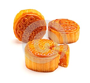 Traditional Chinese mooncakes with one cut out