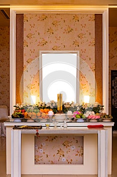 Traditional Chinese Mourning Hall with blank photo frame