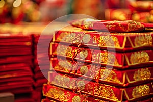 Traditional Chinese new year decorations on red background that says good luck and happiness