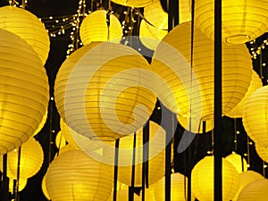 Traditional Chinese new year lantern or round ceiling lamp yellow. Yellow bright light.