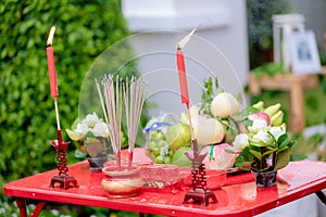 Traditional Chinese offerings for Gods. Chinese New Year Offering. The Chinese text in the photo is pronounced Shuang xi and trans