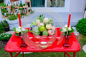 Traditional Chinese offerings for Gods. Chinese New Year Offering. The Chinese text in the photo is pronounced Shuang xi and trans