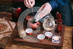Traditional chinese oolong tea ceremony process closeup