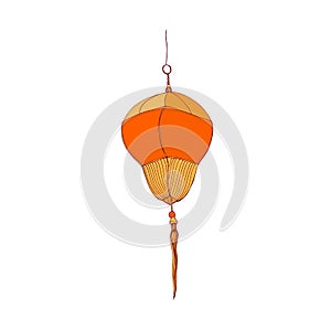 Traditional Chinese paper lantern with fringe and loop for hanging. China street lamp. Asian ceremonial decorative light