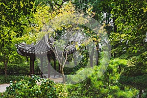 Traditional Chinese pavilion among trees on Tiger Hill Huqiu, Suzhou, Jiangsu, China