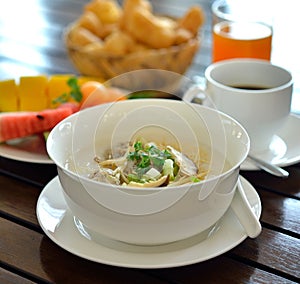 Traditional chinese porridge rice gruel in bowl, congee