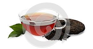 Traditional Chinese pu-erh tea, freshly brewed beverage and green leaves isolated on white
