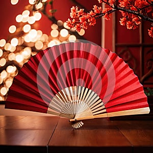 Traditional chinese red folding paper silk fan, Asian souvenir decoration accessory