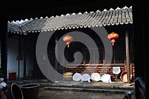 Traditional Chinese Residence with Wine Jars and Lanterns at Zhouzhuang Water Town, Jiangsu Province, China