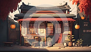 Traditional Chinese restaurant in the autumn season. 3D illustration. Vintage style.