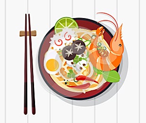 Traditional chinese soup with noodles, Noodle Soup in Chinese Bowl Asian Food Vector illustration