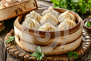 Traditional Chinese Steamed Dumplings in Bamboo Steamer on Rustic Wooden Table