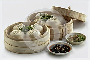 Traditional Chinese Steamed Dumplings in Bamboo Steamer Served with Soy Sauce and Fresh Herbs