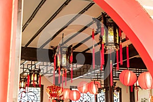 Traditional Chinese Style Interior decoration. Lanterns on the ceiling