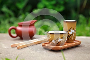 Traditional chinese tea ceremony accessories (tea cups and pitch