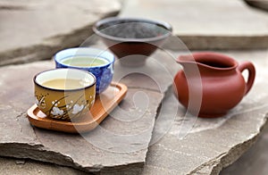 Traditional chinese tea ceremony accessories (tea cups and pitch