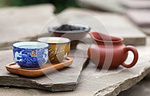 Traditional chinese tea ceremony accessories (tea cups and pitch