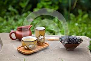 Traditional chinese tea ceremony accessories (tea cups, pitcher