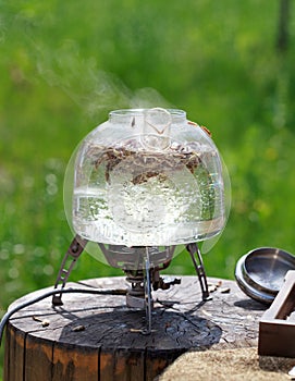 Traditional Chinese tea ceremony, tea leaves in boiling water in