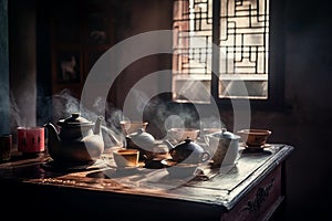 Traditional Chinese tea setup, including a teapot, teacups, and a tray with tea leaves and utensils, representing the beauty and