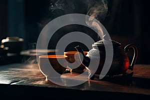 Traditional Chinese tea setup, including a teapot, teacups, and a tray with tea leaves and utensils, representing the beauty and